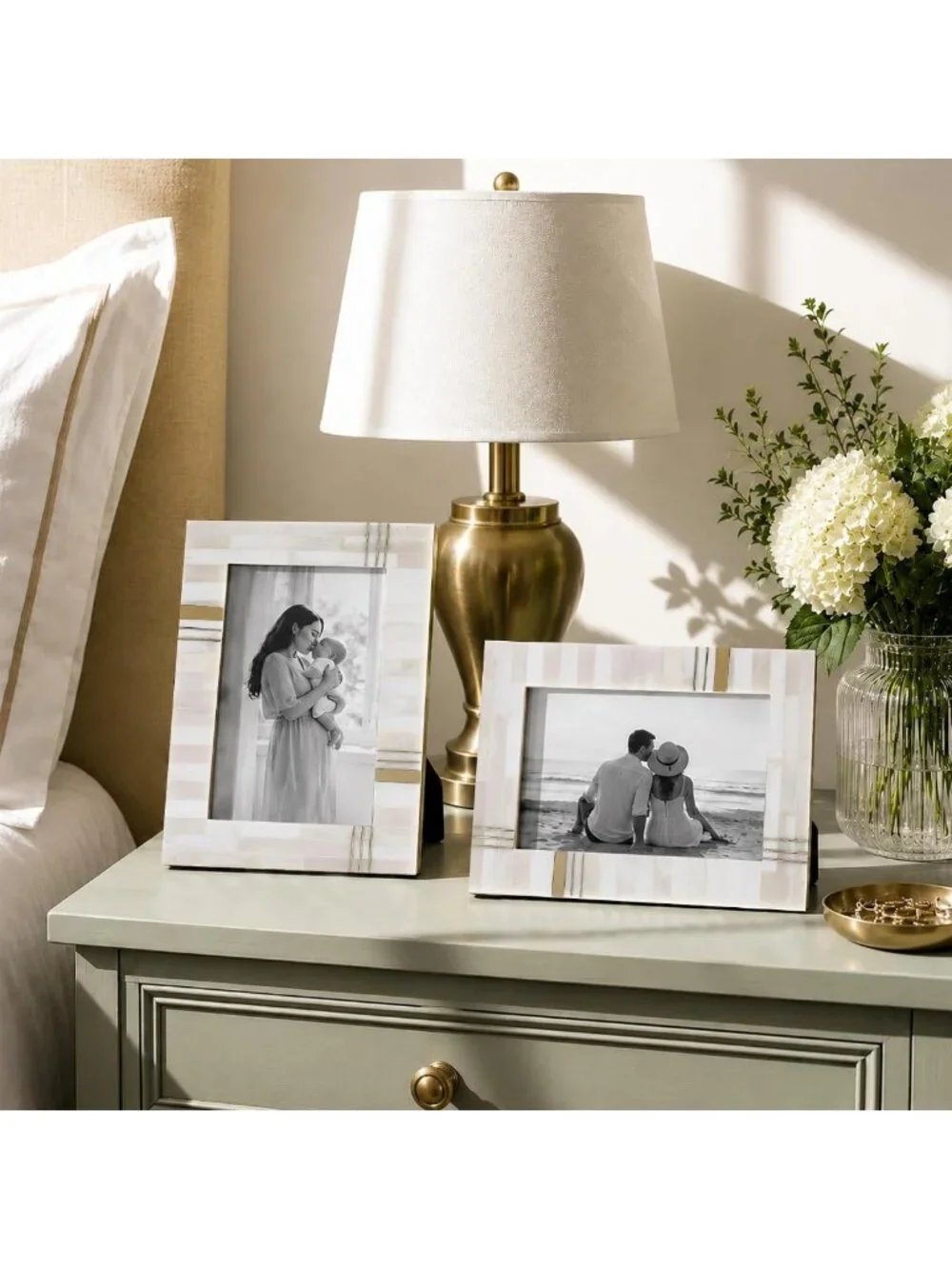 Handmade Bone Inlay 4x6 White Picture Frame - Elegant Brass Home Decor